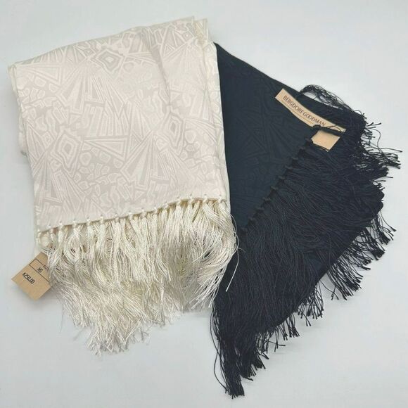 NWT Vtg Bergdorf Goodman Silk Scarves Bundle Satin Pattern Black White w Fringe - Picture 1 of 8